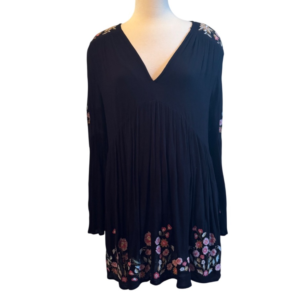 Free People Te Amo Floral Embroidered Black Babydoll Mini Dress